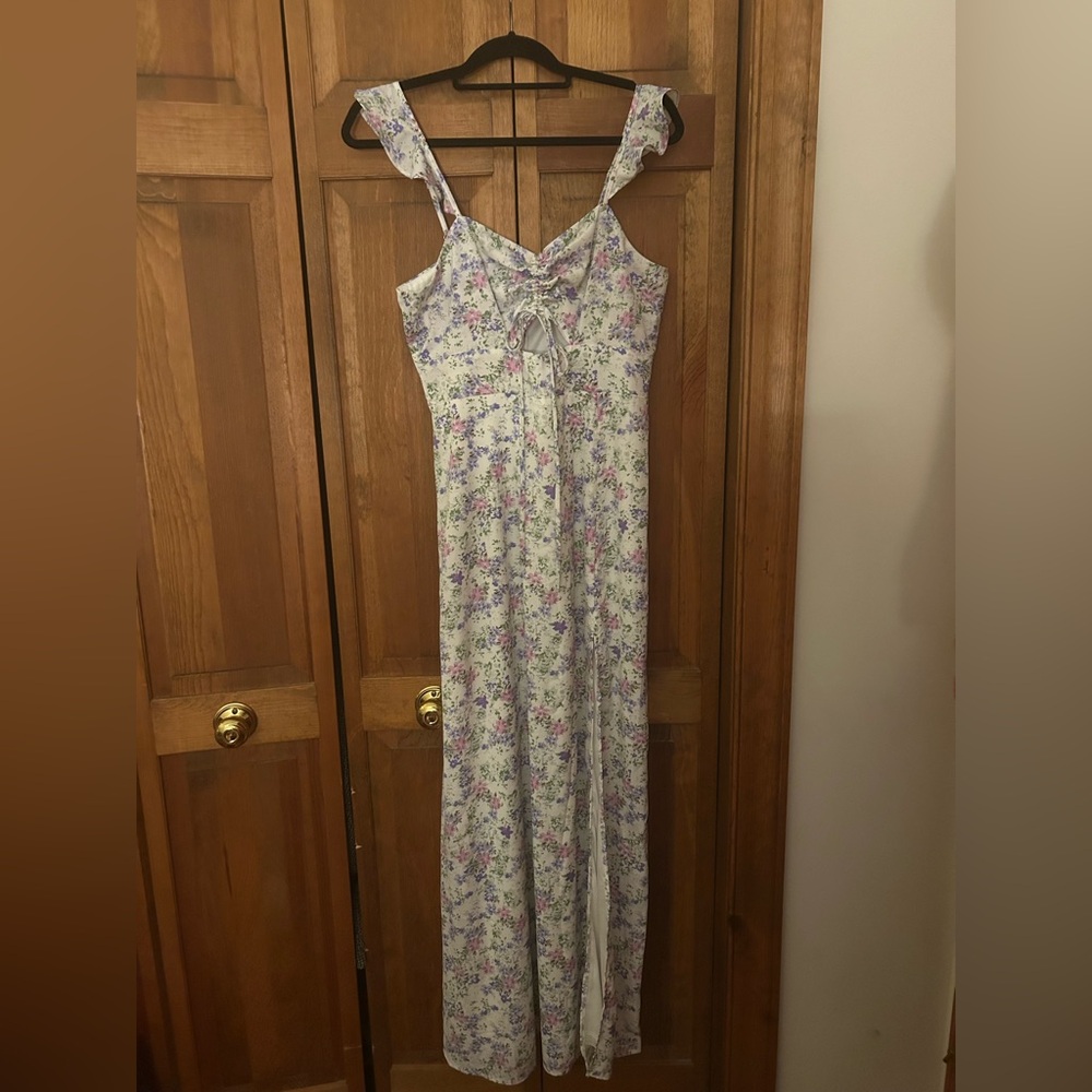 Lulu’s Women’s L Cottagecore Fairycore White Pink Purple Green Floral Maxi Dress